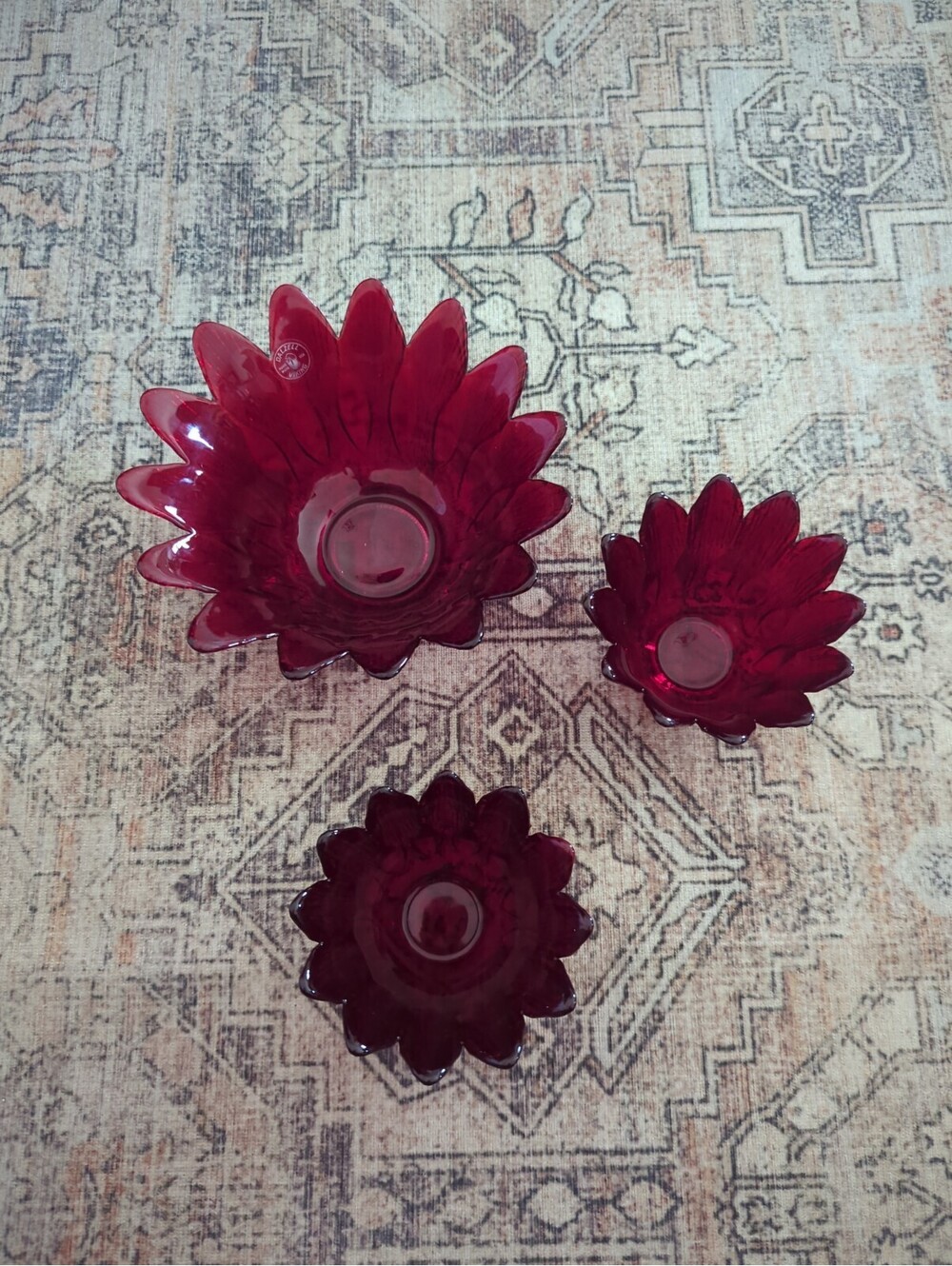 Viking Dalzell Art Glass Red Tulip Votive Candleholder Bowl 3pcs Hand Made USA